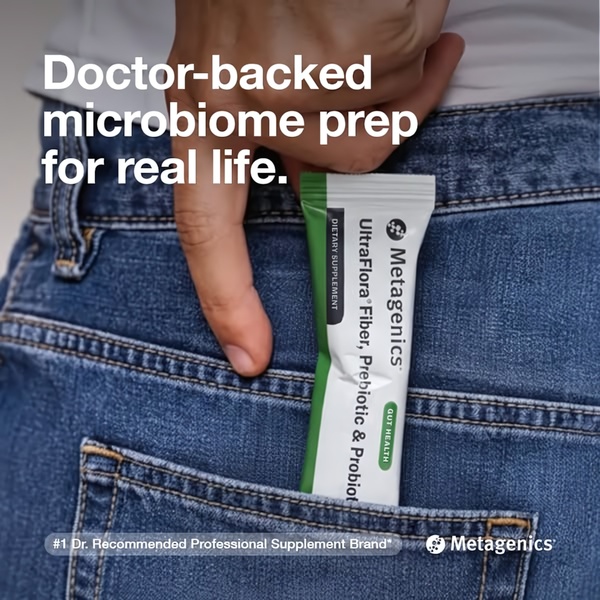 A close-up image of a dietary supplement sachet being placed into a jeans pocket, emphasizing portability and real-life integration.